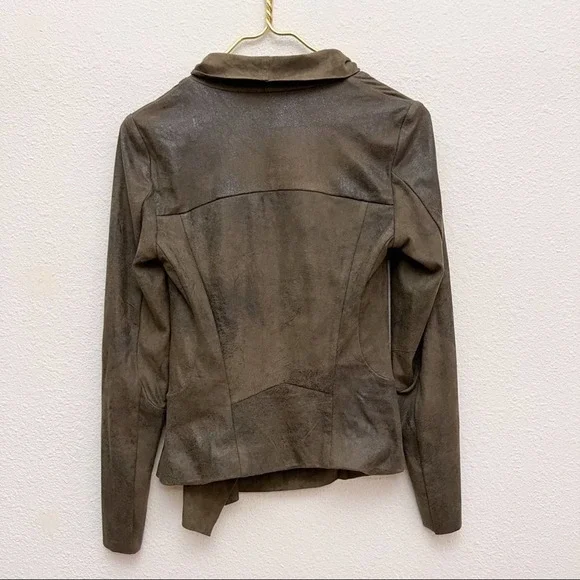 Zara Faux Suede Olive Green Draped Asymmetrical Zip Up Moto Jacket - Picture 8 of 12